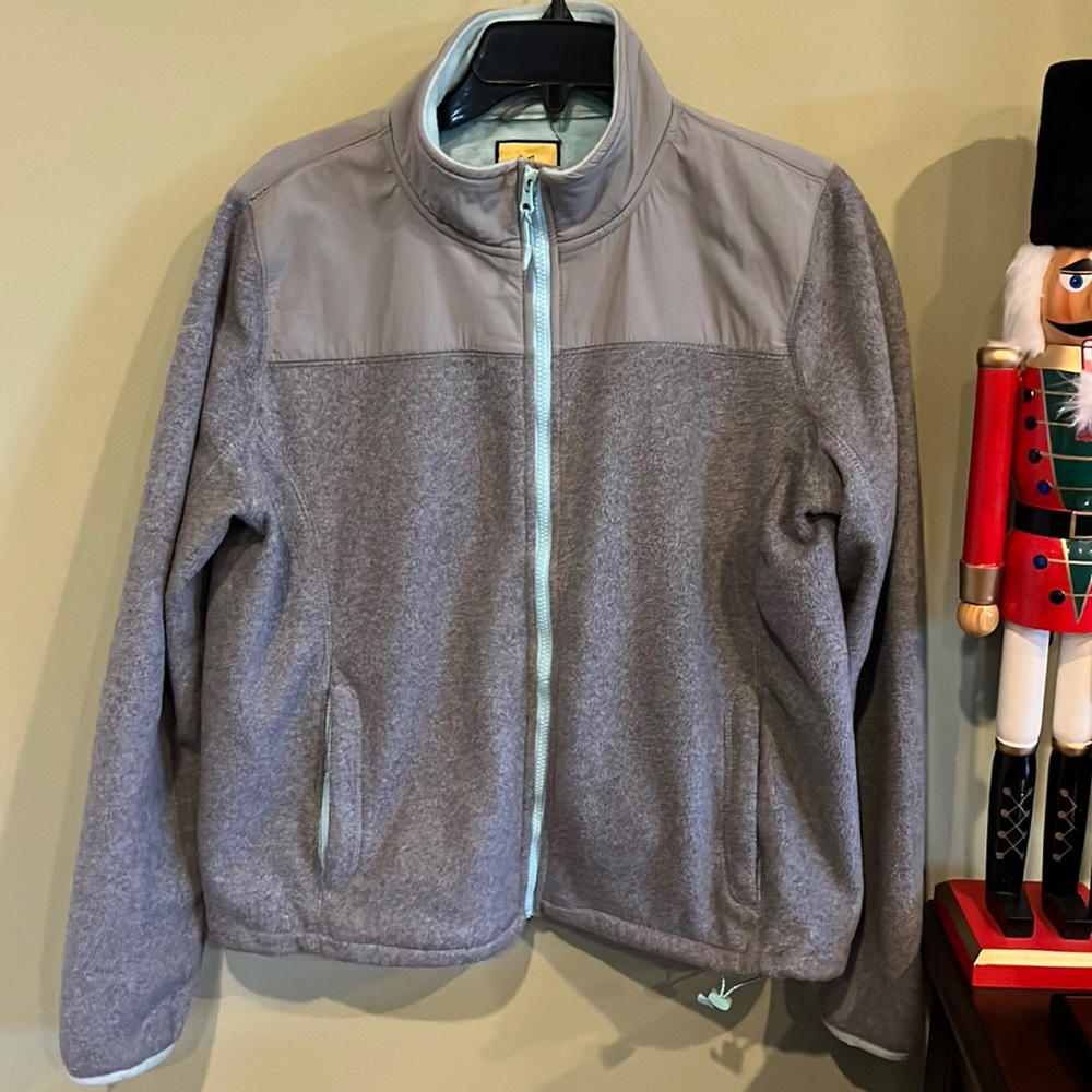 Prince & Fox Zip Up Fleece Gray & Teal Jacket w/Pockets & Drawstring. Sise XL.